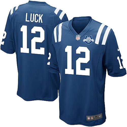 Men's Game Andrew Luck Nike Jersey Royal Blue Home - #12 30th Seasons Patch NFL Indianapolis Colts